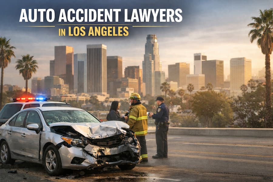 Scene of a two-car accident on a Los Angeles freeway at dusk with emergency lights visible.