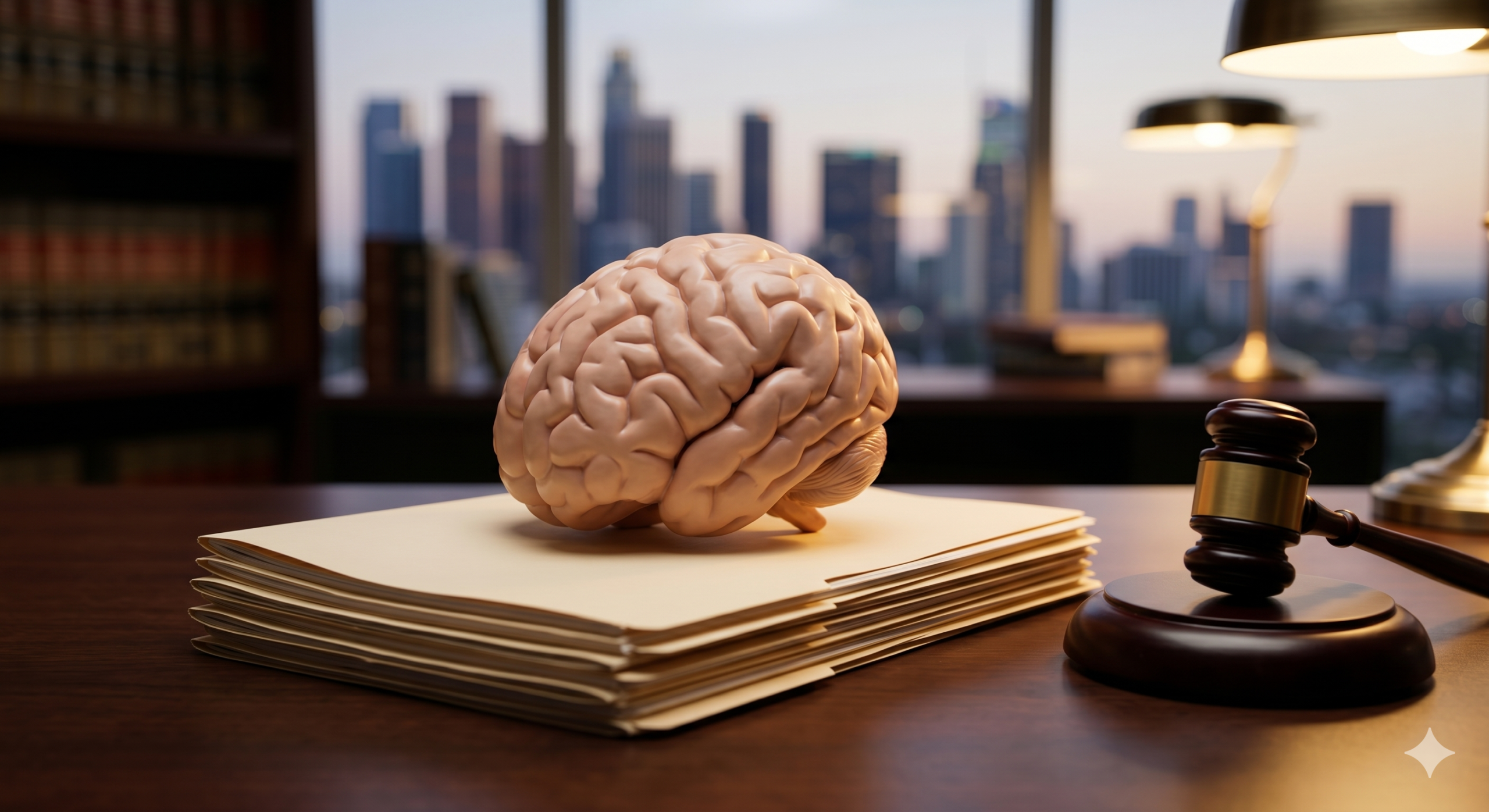 Human brain anatomical model beside a legal case file and gavel in a Los Angeles law office