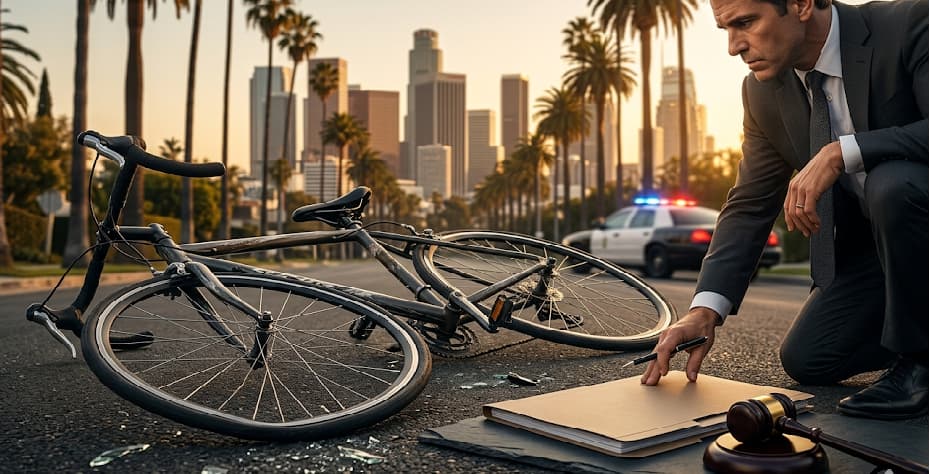 A damaged bicycle on a Los Angeles street with legal documents, representing a bicycle accident claim