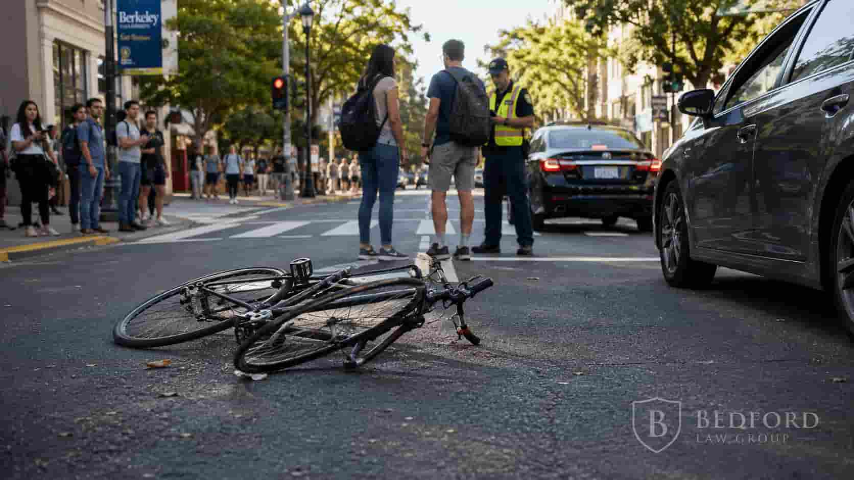 Real-world photo of a bicycle accident scene near the UC Berkeley campus, managed by Bedford Law Group injury attorneys