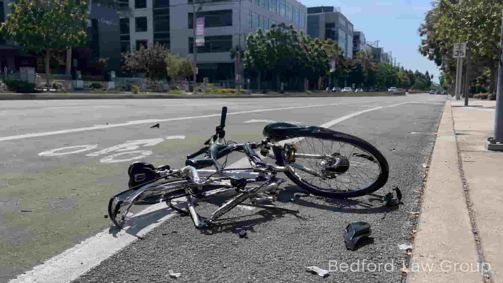 Real-world photo of a bicycle accident scene near a Mountain View tech campus, managed by Bedford Law Group injury attorneys