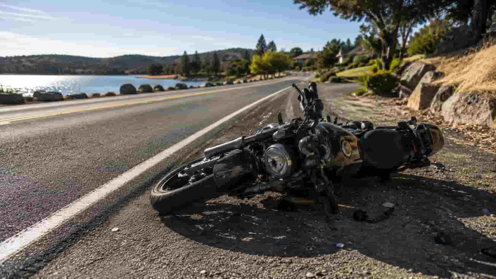 Real-world photo of a motorcycle accident scene on a scenic road in Folsom, managed by Bedford Law Group injury attorneys