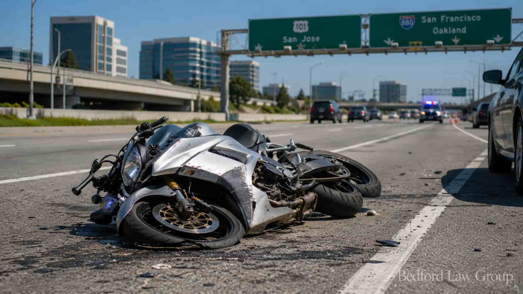 Real-world raw photo of a motorcycle accident scene on a major Santa Clara County highway handled by Bedford Law Group