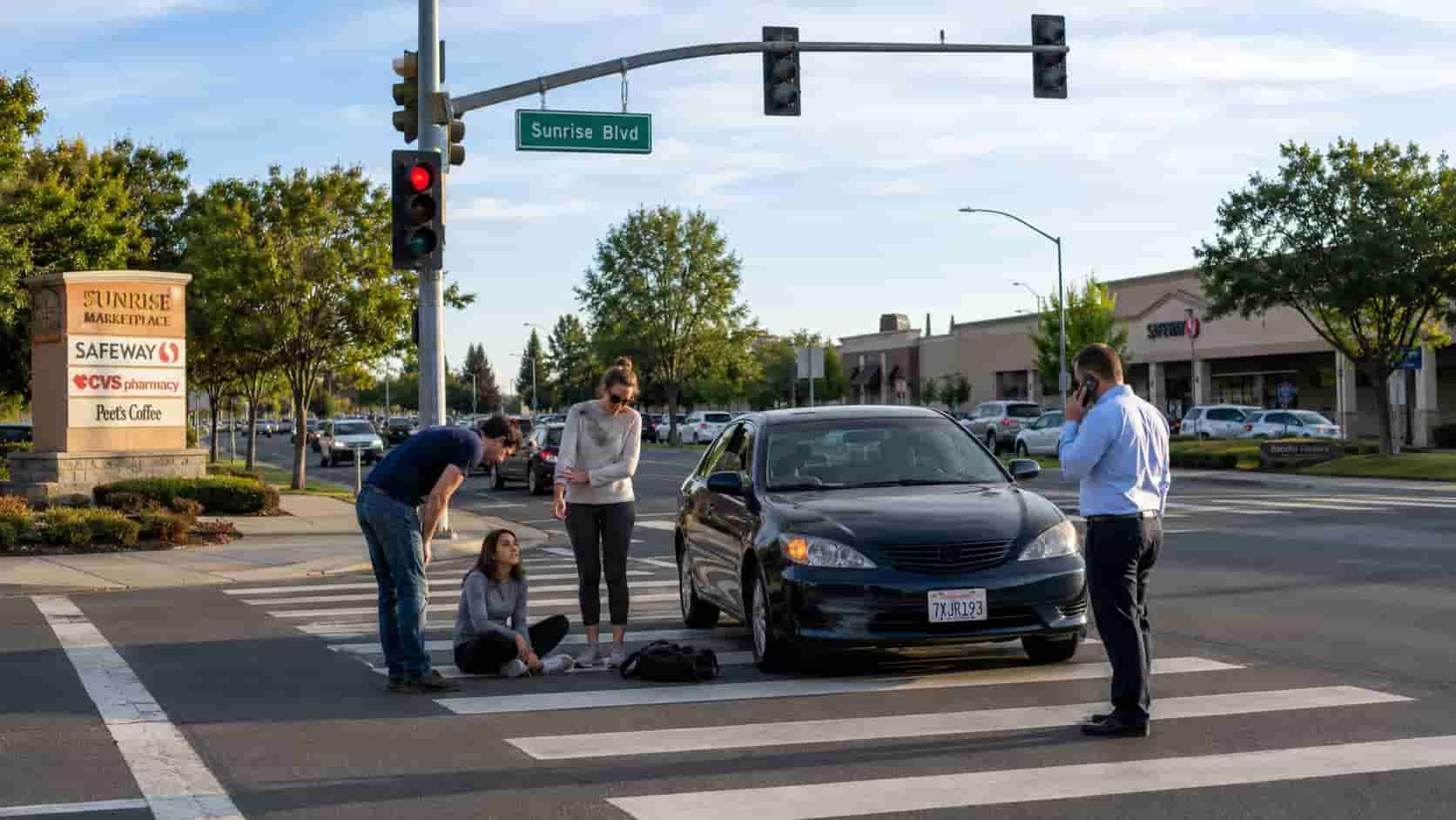 Real-world photo of a busy pedestrian crosswalk near a commercial district in Rancho Cordova, managed by Bedford Law Group injury attorneys