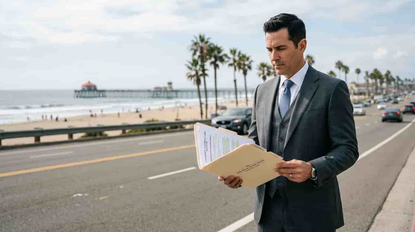 Expert Huntington Beach personal injury lawyer from Bedford Law Group investigating a complex accident scene involving cars, motorcycles, and e-bikes on Pacific Coast Highway near the pier