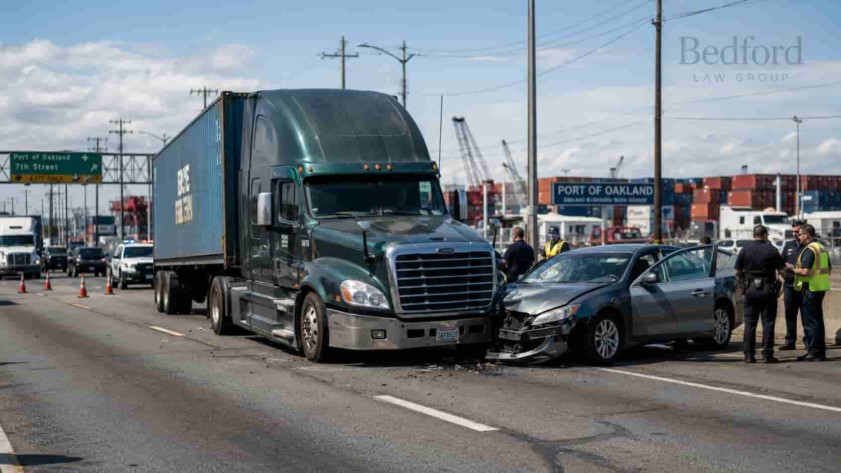 Real-world photo of a heavy commercial truck on a busy highway near the Port of Oakland, managed by Bedford Law Group injury attorneys