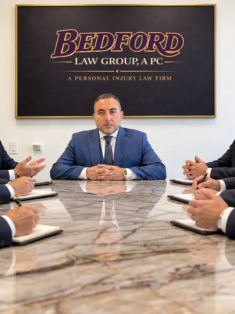 Shawn Azizzadeh seated at the Bedford Law Group conference table